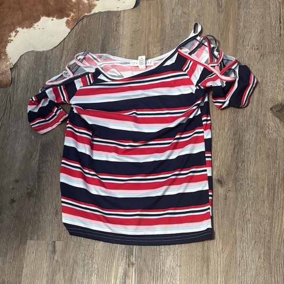 Eye Candy Striped Cold Shoulder Top - Red, White, and Blue - Picture 1 of 1